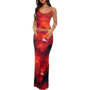 Women Orange Floral Two Piece Sets Sleeveles Spaghetti Pleated Tank Maxi Skirt